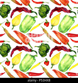 Peperoni colorati varietà, seamless pattern design, dipinte a mano illustrazione ad acquerello Foto Stock