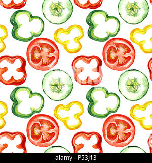 Insalata di verdure colorate fette: pomodori, peperoni, cetrioli, seamless pattern design, dipinte a mano illustrazione ad acquerello Foto Stock