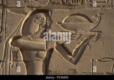 Arte Egizia Complesso del tempio di Karnak. Rilievo raffigurante un offerente con cibo. Nuovo Regno. L'Egitto. Foto Stock