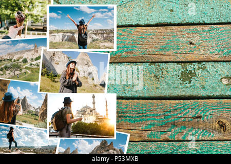 Un sacco di immagini sulla superficie di legno. I ricordi di viaggio della Turchia. Accanto alle foto è un posto per il testo. Queste sono le mie foto e i miei disegni e design. Tutte le foto sono separatamente nel mio portafoglio Foto Stock