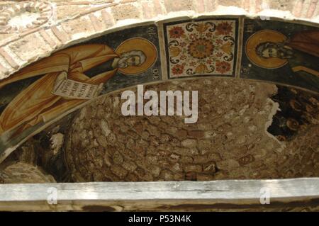 Repubblica di Albania. Moscopole. Affreschi al exonarthex di la chiesa di San Nicola. Il XVIII secolo. Dai fratelli Kostandin e Athanas Zografi. Foto Stock