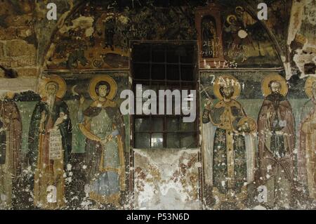 Repubblica di Albania. Moscopole. Affreschi al exonarthex di la chiesa di San Nicola. Il XVIII secolo. Dai fratelli Kostandin e Athanas Zografi. Foto Stock