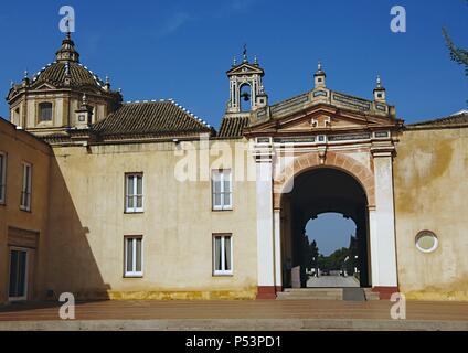 Spagna. Andalusia. Siviglia. Isola della Certosa. Monastero di Nostra Signora delle grotte, fondata nel 1399 da Gonzalo de Mena, Arcivescovo di Siviglia. Royal Pavilion di Siviglia Esposizione Universale (Expo '92). Dal 1997 ospita il Centro Andaluso di arte contemporanea. Foto Stock