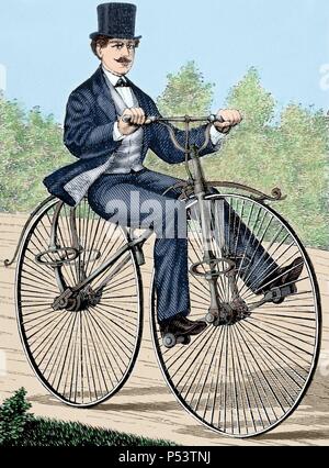 Stati Uniti d'America. Vecchia bicicletta. Xix secolo incisione. Colorati. Foto Stock