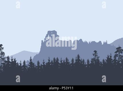 Le rovine di un castello medievale su una roccia alta, tra colline e boschi - il vettore di Strecno - Slovacchia Illustrazione Vettoriale