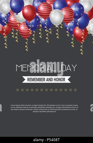 Il memorial day USA greeting card carta da parati, stelle gialle bolle a colori su sfondo scuro, spazio copia, il modello a4 verticale, design piatto Illustrazione Vettoriale