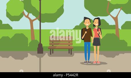 Adolescente ragazzo africano ragazza giovane in amore, a piena lunghezza avatar su city park panca in legno via lampada prato verde di alberi modello piatto di sfondo Illustrazione Vettoriale
