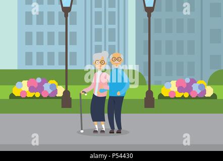 Nonni giovane a piena lunghezza avatar su city park street lampada prato verde fiori cityscape modello piatto di sfondo Illustrazione Vettoriale