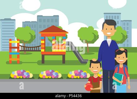 Padre figlia figlio ritratto avatar city park parco giochi per bambini fiori di prato verde di alberi cityscape modello piatto di sfondo Illustrazione Vettoriale