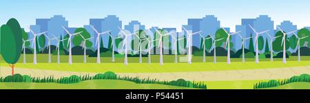 Il parco della città energia pulita turbine eoliche del prato verde di alberi in città modello di edifici di sfondo piatto banner Illustrazione Vettoriale