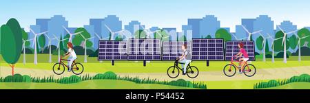 Il parco della città persone ciclismo energia pulita turbine eoliche pannelli fotovoltaici fiume prato verde di alberi in città edifici sfondo modello banner piatta Illustrazione Vettoriale