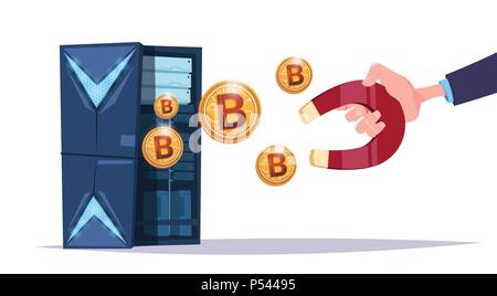 Lo storage dei dati mano tenere il magnete bitcoin center con i server di hosting e personale. Computer mining il supporto di comunicazione, crypto valuta concept design piatto Illustrazione Vettoriale