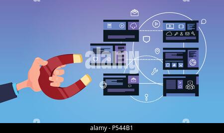 Mano tenere il magnete sulla privacy dei dati centro di calcolo con i server di hosting ed infografico, di rete e database flat Illustrazione Vettoriale