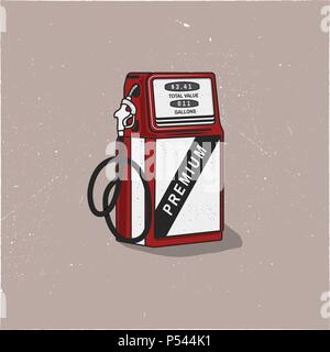 Vintage stazione Gas illustrazione della pompa. Retrò disegnati a mano design in stile invecchiato. Unica pompa benzina illustrazione. Vettore di stock isolati su sfondo bianco Illustrazione Vettoriale