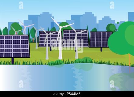 Il parco della città energia pulita turbine eoliche pannelli fotovoltaici fiume prato verde di alberi in edifici della città modello piatto di sfondo Illustrazione Vettoriale