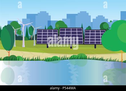 Il parco della città energia pulita turbine eoliche pannelli fotovoltaici fiume prato verde di alberi in edifici della città modello piatto di sfondo Illustrazione Vettoriale