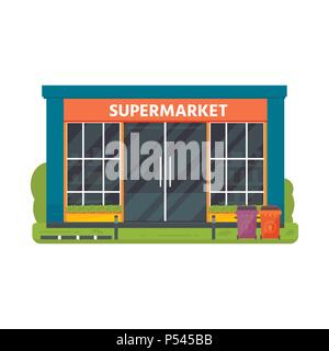 Vector design piatto esterno ristoranti e negozi facciata: supermercato. Negozio di fronte finestra icone edifici isolati su sfondo bianco. Illustrazione Vettoriale