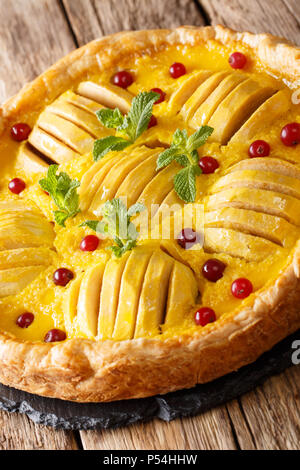 Pane appena sfornato la torta di mele con mirtilli rossi, crema pasticcera e menta closeup sul piano verticale. Foto Stock