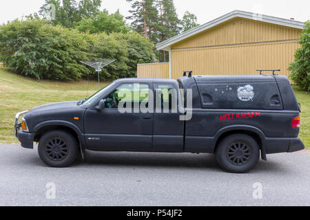 Vista personalizzata nero pick up truck chiamato Hellraiser e papà's BBQ Foto Stock