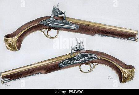 Pistole. Il XVIII secolo. Incisione colorata. Foto Stock