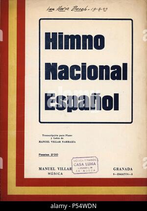 Partitura musical 'Himno Nacional Español', editado por Manuel Villa, Granada. Año 1939. Foto Stock