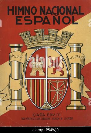 Partitura musical 'Himno Nacional Español', con la corona murada en el escudo. Editada por Casa Erviti, San Sebastián. Año 1940. Foto Stock