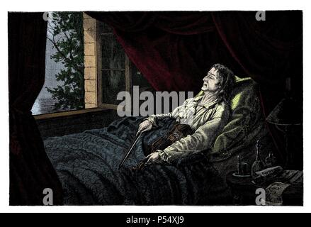 Muerte de Niccolò Paganini Bocciardo (1782-1840) en Niza. Violinista, y guitarrista compositore italiano. Grabado de 1889. Foto Stock