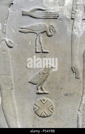 Offerta-bearer. Dettaglio della scrittura geroglifica. Calcare. Dalla tomba della Principessa Nofert Medum a. Iv dinastia. Antico Regno. C. 2550 BC. Ny Carlsberg Glyptotek. Copenhagen. La Danimarca. Foto Stock