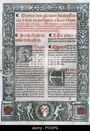 LITERATURA catalana. SIGLOS XIII-XIV. Raimondo Lullo (1233-1315 ó 16). Filósofo y literato mallorquín. "BLANQUERNA'. Utópica Novela escrita entre los años 1283-1285. Portada. Valencia, 1521. Foto Stock