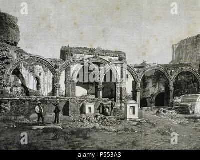 Messico. TLALMANALCO. Ruinas de la Iglesia VIEJA DE SAN FRANCISCO, fundada en el Siglo XVIII. Grabado de principios del s. XIX. Foto Stock