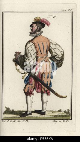 Swiss army officer, 1588. Handcolored incisione su rame da Robert von Spalart 'quadro storico dei costumi del popolo principale dell'antichità e del Medioevo", Vienna, 1811. Illustrazione di base su Thomas Jefferys raccolta di abiti di diverse nazioni, Antient e moderno. Dopo i disegni di Holbein, Van Dyke, Hollar, e altri, Londra, 1757. Foto Stock