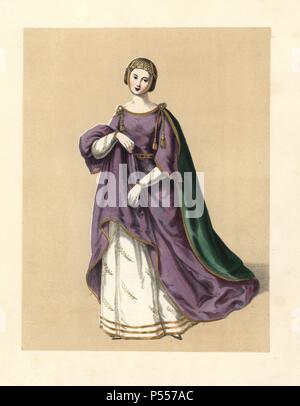 Abito del regno di re Edoardo I, Longshanks. Indossa un mantello verde sopra un vestito viola su un bianco petticoat, con un jeweled copricapo. Basato su Sloane manoscritto, laici della Syr Launfal (circa 1300), Royal manoscritto, 'Roman de la Rose,' e Pennant che cita la bella Regina di Edward Ho, Margherita di Francia, come un modello per l'abito. Handcolored litografia dal 'costumi di British Ladies dal tempo di Guglielmo il primo per il Regno della Regina Victoria", Londra, Dickinson & Figlio, 1840. 48 montate piastre di moda femminile dal 1066 al 1840 basato sulle effigi, manoscritti, ritratti, prin Foto Stock