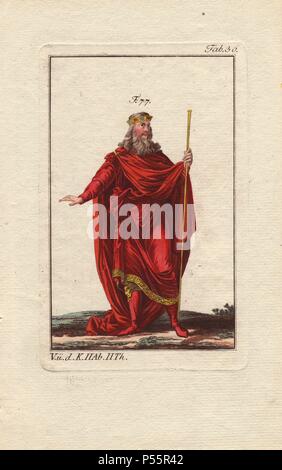 Clovis (c. 466511) è stato il primo re dei Franchi per unire tutte le tribù Frankish sotto un unico re e il fondatore della dinastia merovingio.. . "Clovis indossa una lunga tunica decorata con un bordo ricamato in oro, un grande manto, stivali e un diadema: il suo scettro è della massima semplicità (77).". . "Verso la fine del quinto secolo, e principalmente sotto Clovis, la consuetudine di indossare una barba è stato introdotto e durò fino alla fine della 12th.". . " Il più antico scettro per essere visto nelle mani del re di Francia è quella della statua di Clovis alla porta dell'Abbazia di San Foto Stock