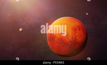 Il pianeta rosso marte con esso lune Phobos e Deimos, parte del sistema solare Foto Stock