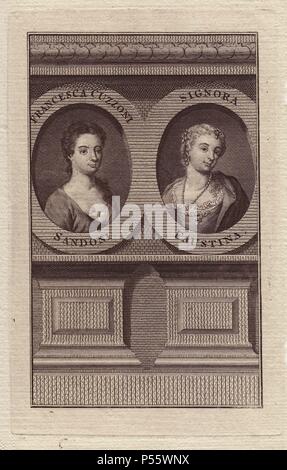 Francesca Cuzzoni Sandoni (1696-1778), il soprano italiano, e la Signora Faustina Bordoni (1770-1781), Italiano cantante lirica. Quando è apparso insieme a Londra nel 1727, un vicino riot si è verificato tra i loro tifosi rivali.. Imbianchini ritratto inciso che mostra i due cantanti in finestre ovali. Foto Stock