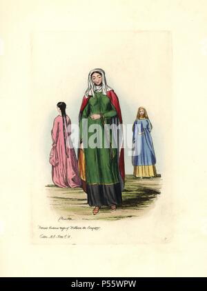 Le donne in lunghi abiti con maniche lunghe, mantelli e veli. Il costume femminile nel regno di Guglielmo il Conquistatore, XI secolo. MS di cotone nero, C.IV. Handcolored incisione da "Costume civile di Inghilterra dalla conquista per il presente periodo " disegnato da Charles Martin e inciso da Leopoldo Martin, Londra, Henry Bohn, 1842. I costumi sono stati disegnati da arazzi, monumentale effigi, codici miniati e ritratti. Charles e Leopold Martin erano figli dell'artista romantico e mezzatinta incisore John Martin (1789-1854). Foto Stock