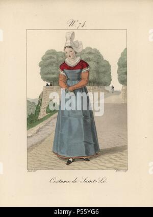 Costume di Saint-Lo. Il cappello è chiamato un 'cofano rond." Lo sfondo mostra una vista di uno dei terrazzi vicino al Champ-de-Mars. Colorate a mano moda illustrazione della piastra da Lante incisi da Gatine da Luigi Lante 'costumi des femmes du Pays de caux, 1827/1885". Con i loro alti pizzo Alsation cappelli, le donne di Caux e Normandia erano famosi per la eleganza e stile. Foto Stock