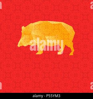 Illustrazione Vettoriale con Golden bassa poli Pig su sfondo rosso con texture ornamentali. Progettato per i biglietti di auguri per il nuovo anno cinese ecc. Illustrazione Vettoriale