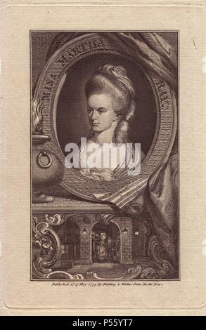 Miss Martha Ray (1742-1779), inglese cantante e attrice, padrona al conte di sandwich. Ritratto dell'attrice entro una decorazione a bordo ovale al di sopra di una vignetta del suo assassinio. Lei è stato colpito alla testa da infatuated ammiratore James Hackman come ella è salito su un pullman a Covent Garden. Incisione su rame pubblicato nel 1779. Foto Stock