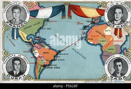 Ruta descrita por el hidroavión Plus Ultra en su travesía del océano Atlántico en enero de 1926, comandada por Ramón Franco Bahamonde (1896-1938). Foto Stock