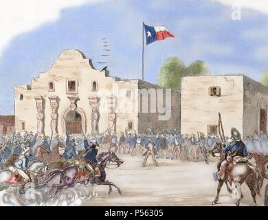 Stati Uniti d'America. Annessione del Texas. Nel dicembre 1845, durante la presidenza di James Knox Polk, Texas divenne un membro dell' Unione europea. L'annessione significava la Mexican-American guerra del 1846-1848. Stato del Texas bandiera sventola su Alamo, San Antonio, dopo essere stato ammesso all'Unione un mese prima dell'inizio della guerra civile del 1845. Incisione da "Harper's Weekly' (1861). Colorati. Foto Stock