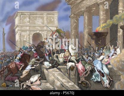 Il Sacco di Roma dai Visigoti guidati da Alarico I nel 410, durante il regno dell'imperatore Onorio. Incisione colorata. Foto Stock