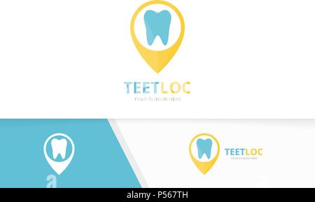 Dente di vettore e il puntatore mappa combinazione di logo. Dentale e localizzatore GPS di simbolo o icona. Unico dentista e logotipo pin modello di disegno. Illustrazione Vettoriale