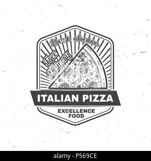 Vintage fast food badge, un banner o un logo emblema. Gli elementi sul tema del fast food business. Illustrazione Vettoriale. Il design della pizza, adesivo o l'emblema. Illustrazione Vettoriale