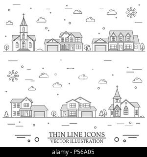 Quartiere con case e chiese illustrato su bianco. Sottile vettore icona linea suburbana case americane. Per il web design e applicazione di interfaccia, un Illustrazione Vettoriale