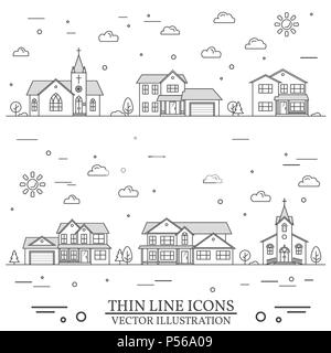 Quartiere con case e chiese illustrato su bianco. Sottile vettore icona linea suburbana case americane. Per il web design e applicazione di interfaccia, un Illustrazione Vettoriale