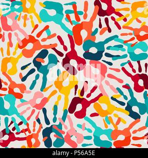 Colore handprint seamless pattern. Mano umana stampa lo sfondo per educazione o di diverse comunità. EPS10 vettore. Illustrazione Vettoriale