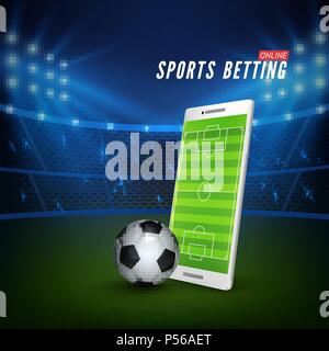 Scommesse sportive online web banner modello. smartphone con campo di calcio sulla schermata e pallone da calcio e allo stadio di calcio su sfondo. Illustr vettore Illustrazione Vettoriale