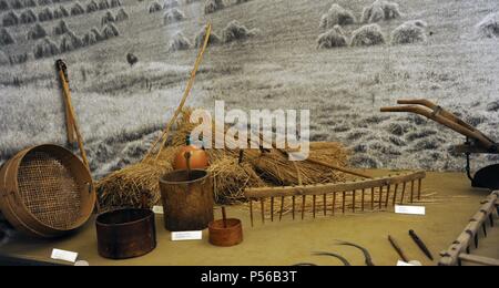 Attrezzi Agricoli. Museo etnografico. Budapest. Ungheria. Foto Stock