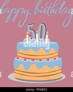 Felice cinquantesimo compleanno biglietto di auguri con torta di compleanno illustrazione Illustrazione Vettoriale